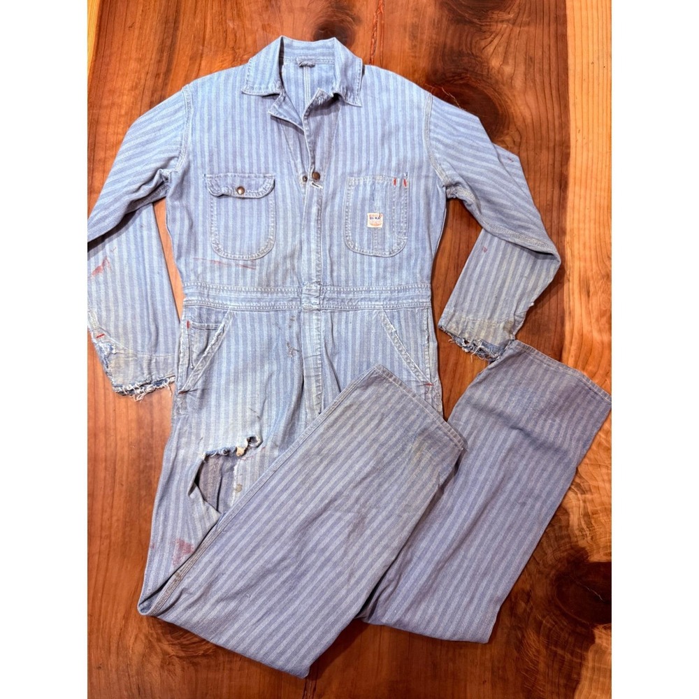 Vintage 1940s Penneys Big Mac Mens Coverall Sanforized Striped Cotton Work A4-21